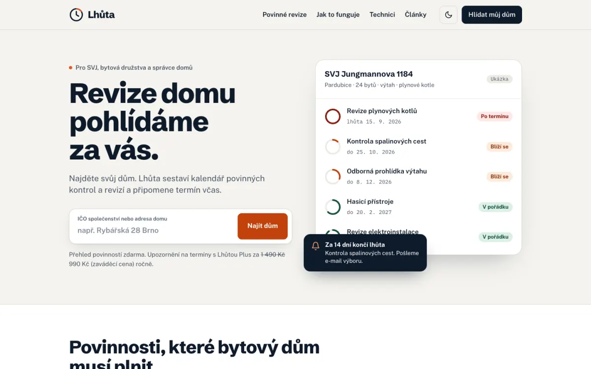 The Lhůta homepage: search for your apartment building