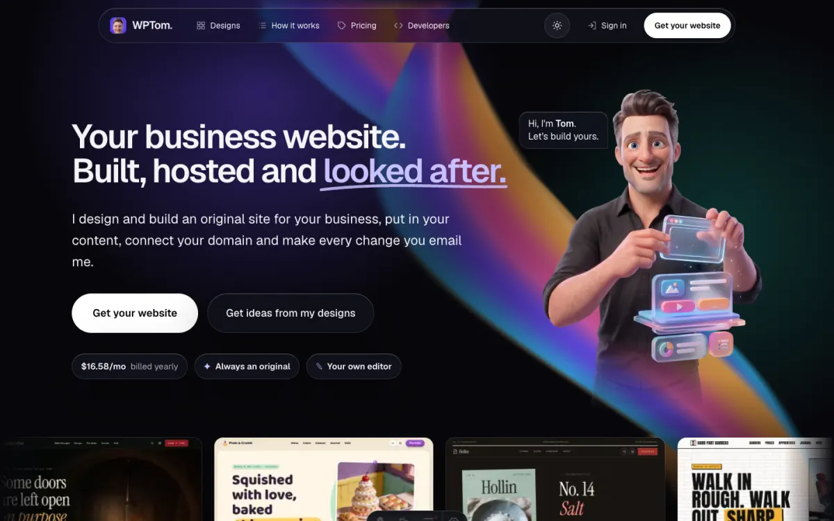 The WPTom homepage: business websites, built, hosted and looked after